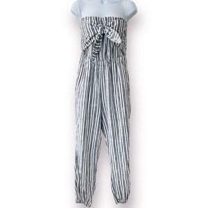 Aerie 100% Cotton Jumpsuit Striped Blue White Strapless Bow Tie Front Medium